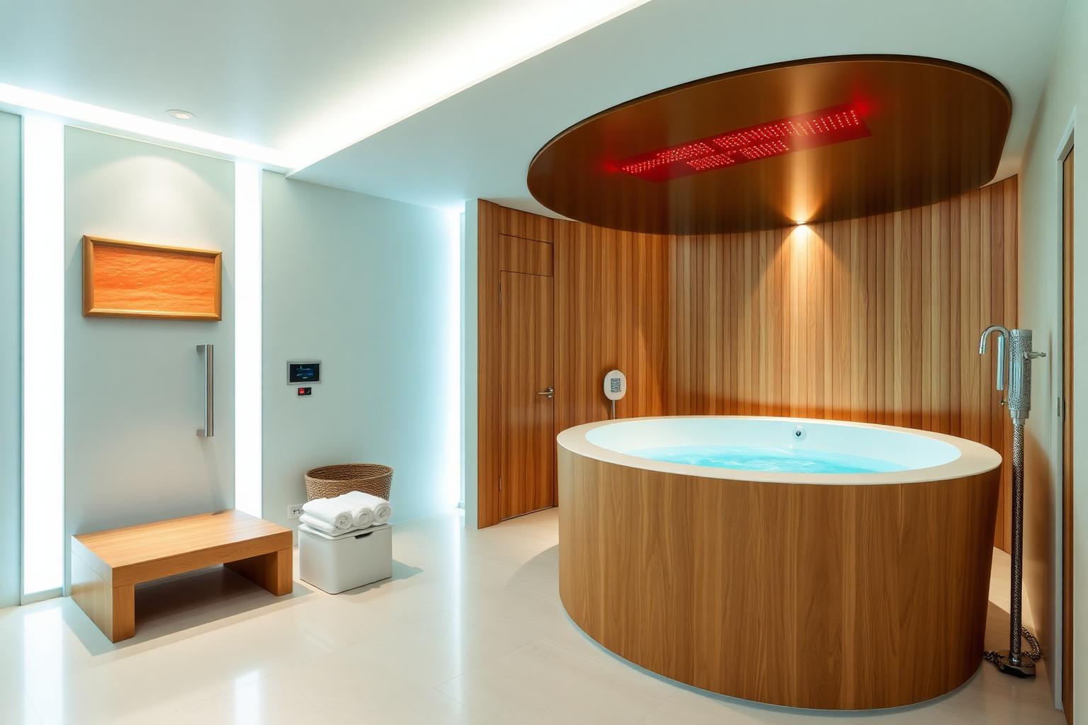 Luxury executive wellness room with sauna, plunge and red light