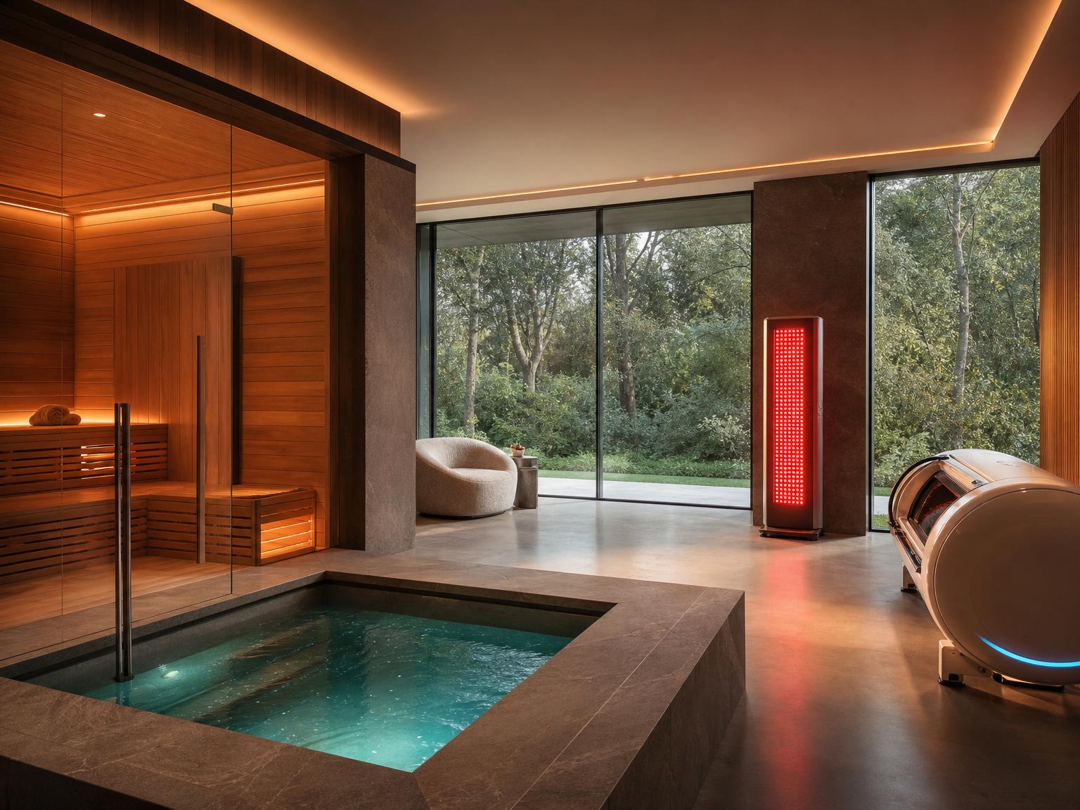 Premium residential wellness suite with cedar sauna, stone cold plunge, full-body red light therapy, hyperbaric chamber, and designer lounge chair overlooking a landscaped garden